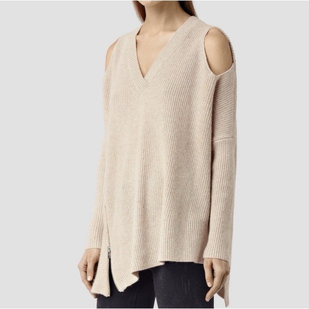 ALLSAINTS Women’s Wool Alpaca Knit Sweater Cold Shoulder‎ Beige M Asymmetrical - Picture 2 of 9